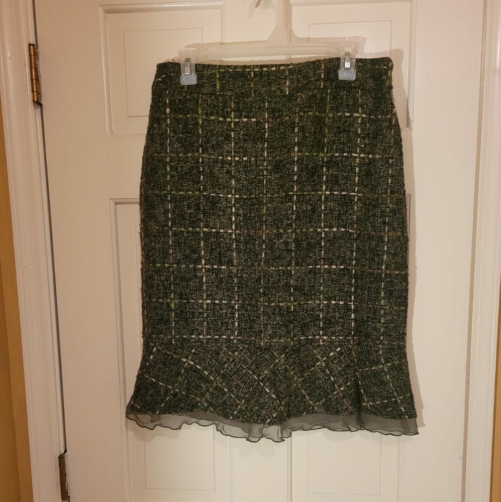 DFA New York Womens Skirt Size 10 Green Tweed Ruffle Side Zip & Lined Career EUC